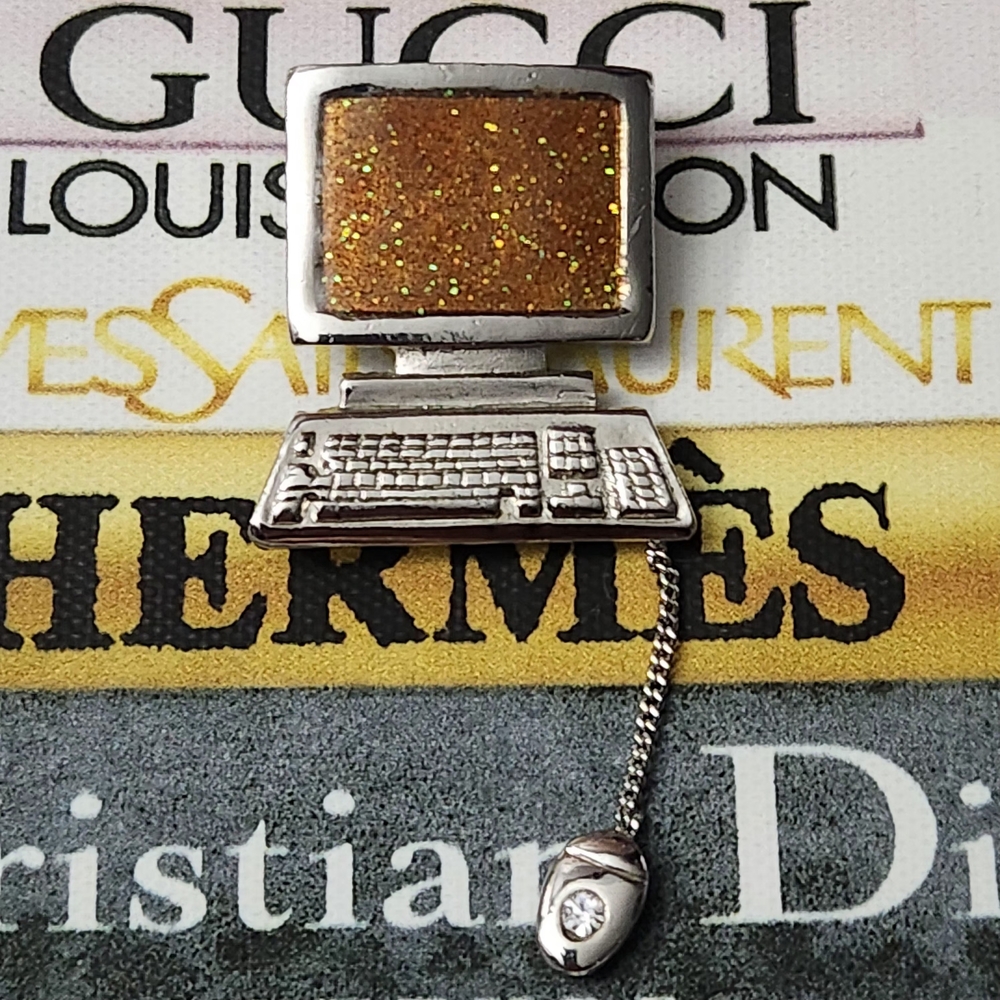 Vintage Y2K Computer Brooch With Keyboard And Hanging Mouse